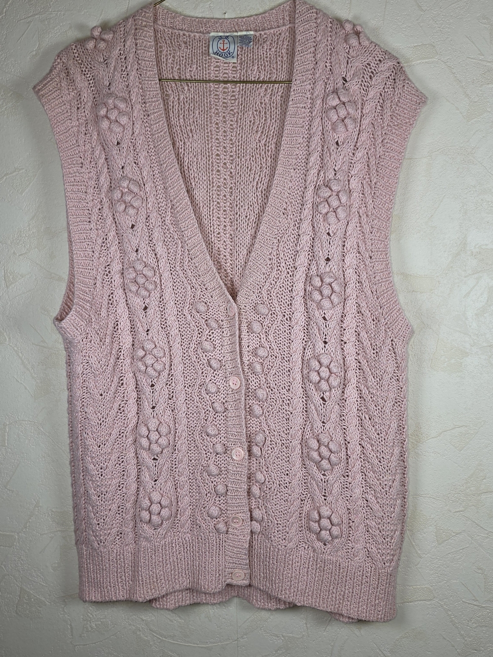 Pink Cable Knit Button Front Sleeveless Cardigan vintage womens size large